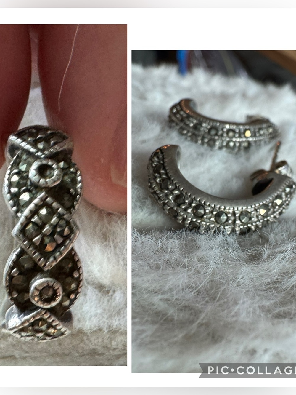 Sterling Silver 925 Marcasite Half-Hoop Post Earrings & Matching Band Ring Set